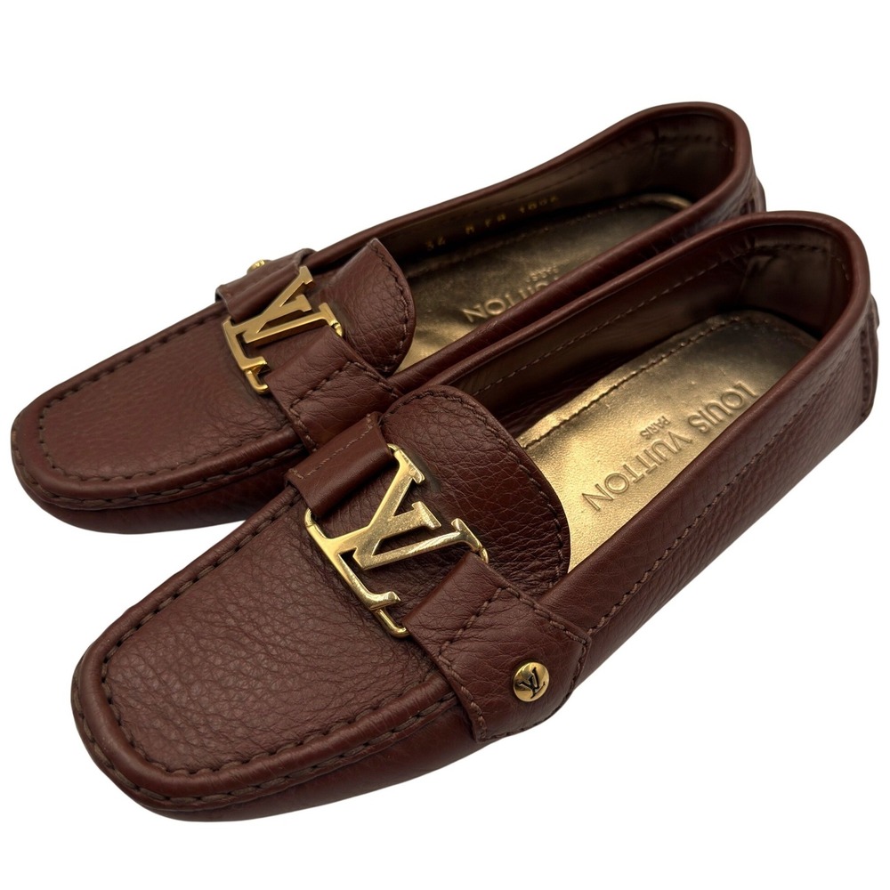 Louis Vuitton Brown Grained Leather Driving Loafers LV Gold 34 AUTHENTIC FA1006